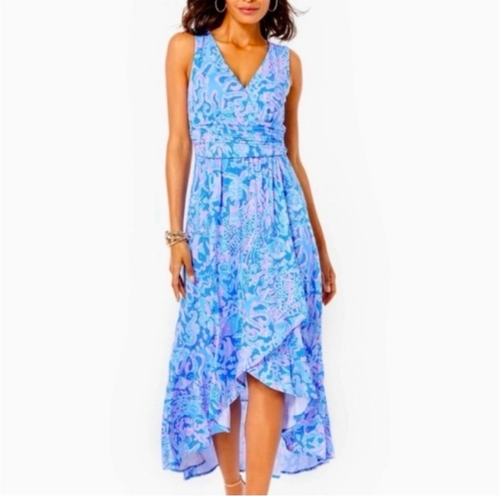 Lilly Pulitzer Moana Maxi Dress Hi-Lo Faux Wrap Boca Blue Sea What I Sea Size L